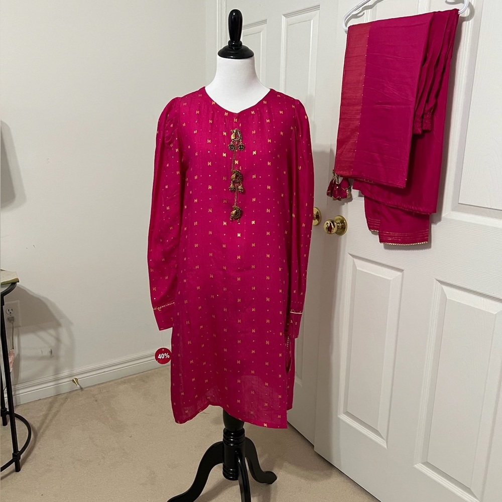 J. Pakistani three piece suit in red, size small